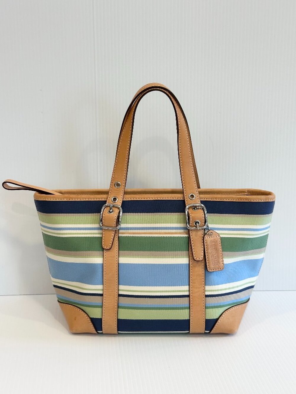 COACH Hamptons Small Striped Tote in Blue and Green -